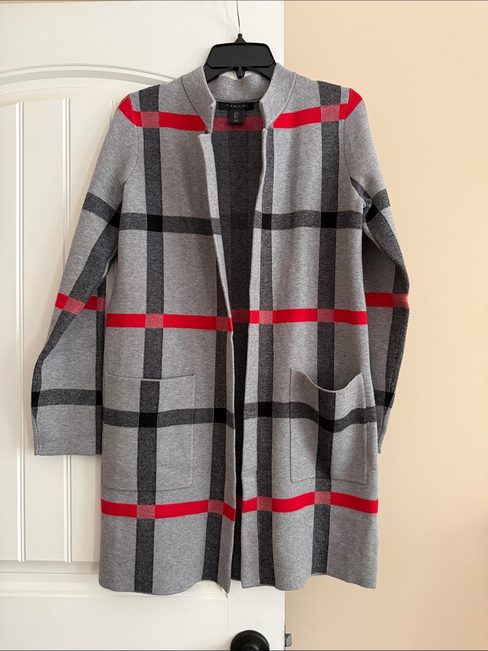 Tahari Gray Plaid Open Cardigan with Red Stripes